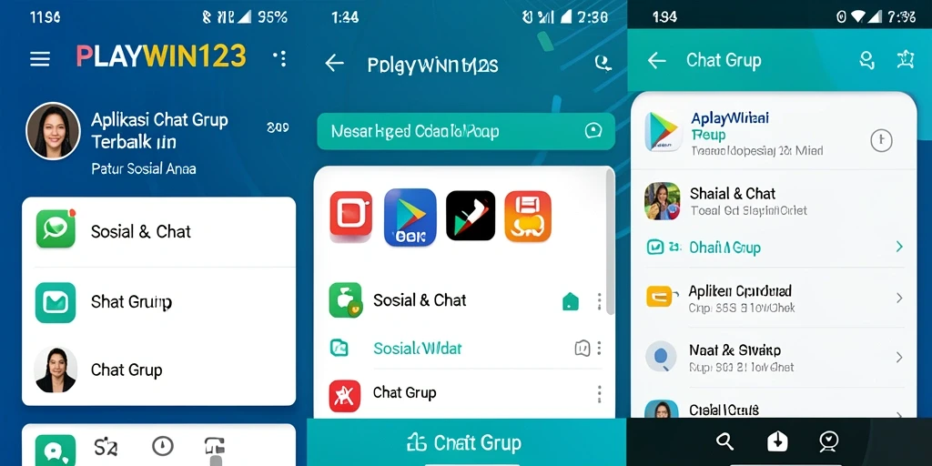 Antarmuka PLAYWIN123 menampilkan grup chat yang aktif dan fungsional.
